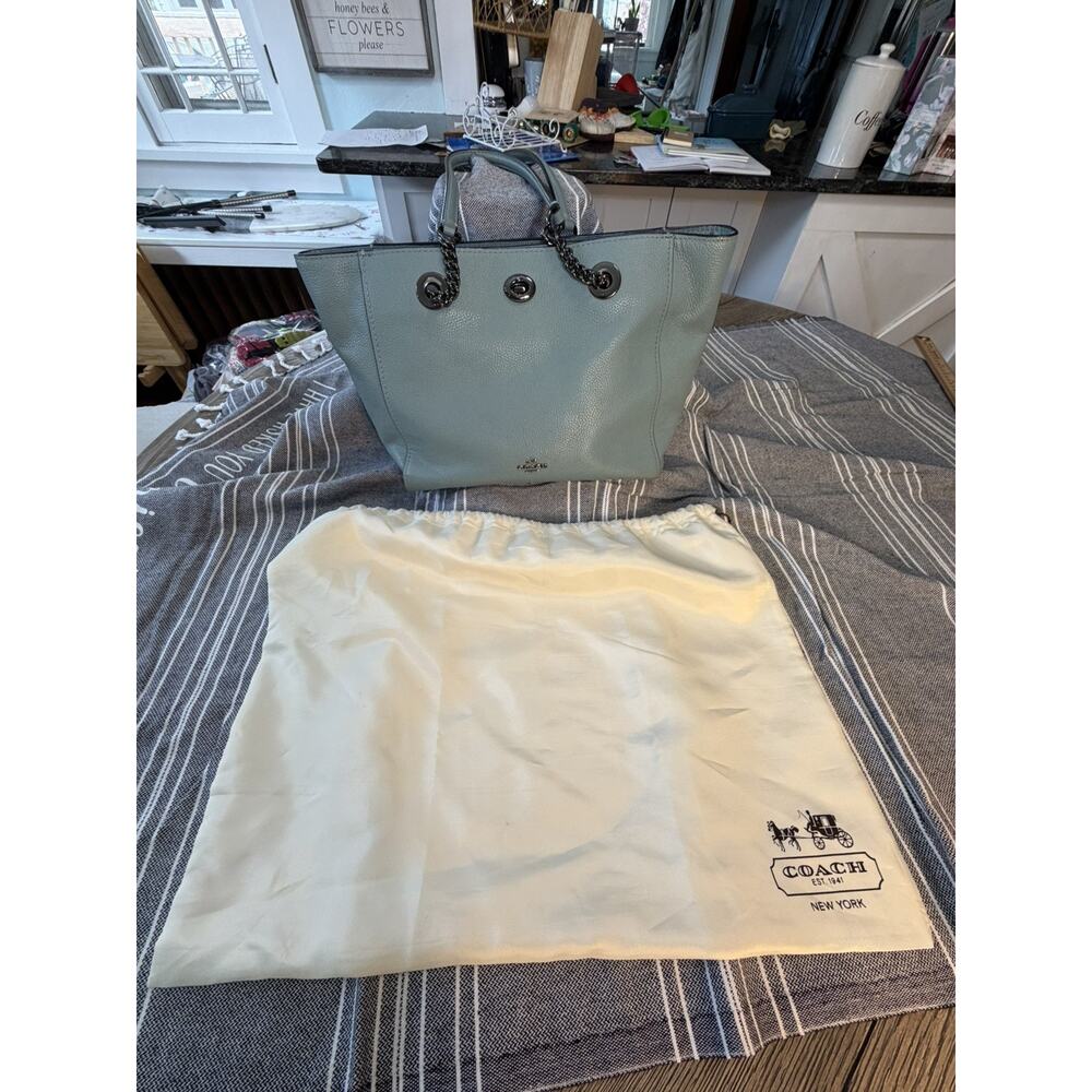 Coach Light Blue Pebbled Shoulder Bag with Chain, Logo, Turn Lock & Tag Accent - Picture 2 of 13